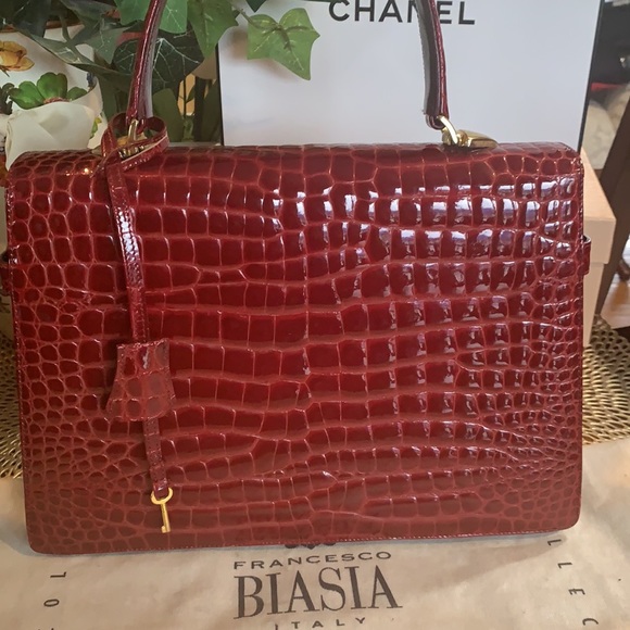 Francesco Biasia Italy red crocodile embossed leather satchel bag - Picture 2 of 8
